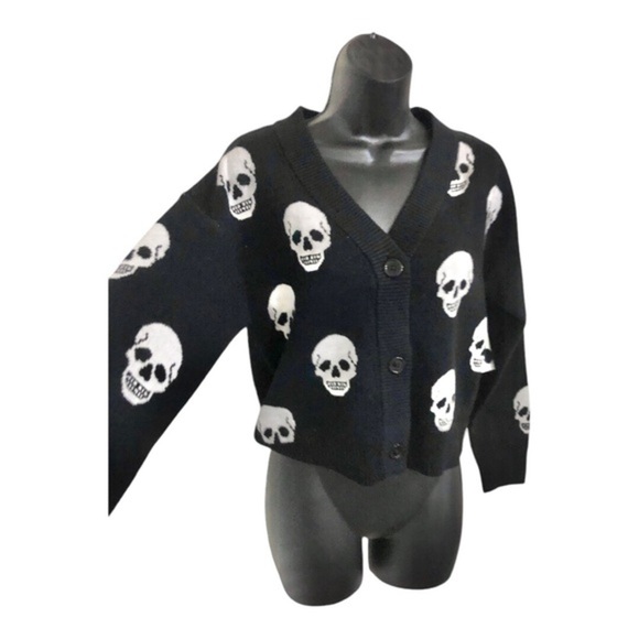 Black & white skull printed goth long sleeve cardigan‎ sweater size XS new - Picture 1 of 11